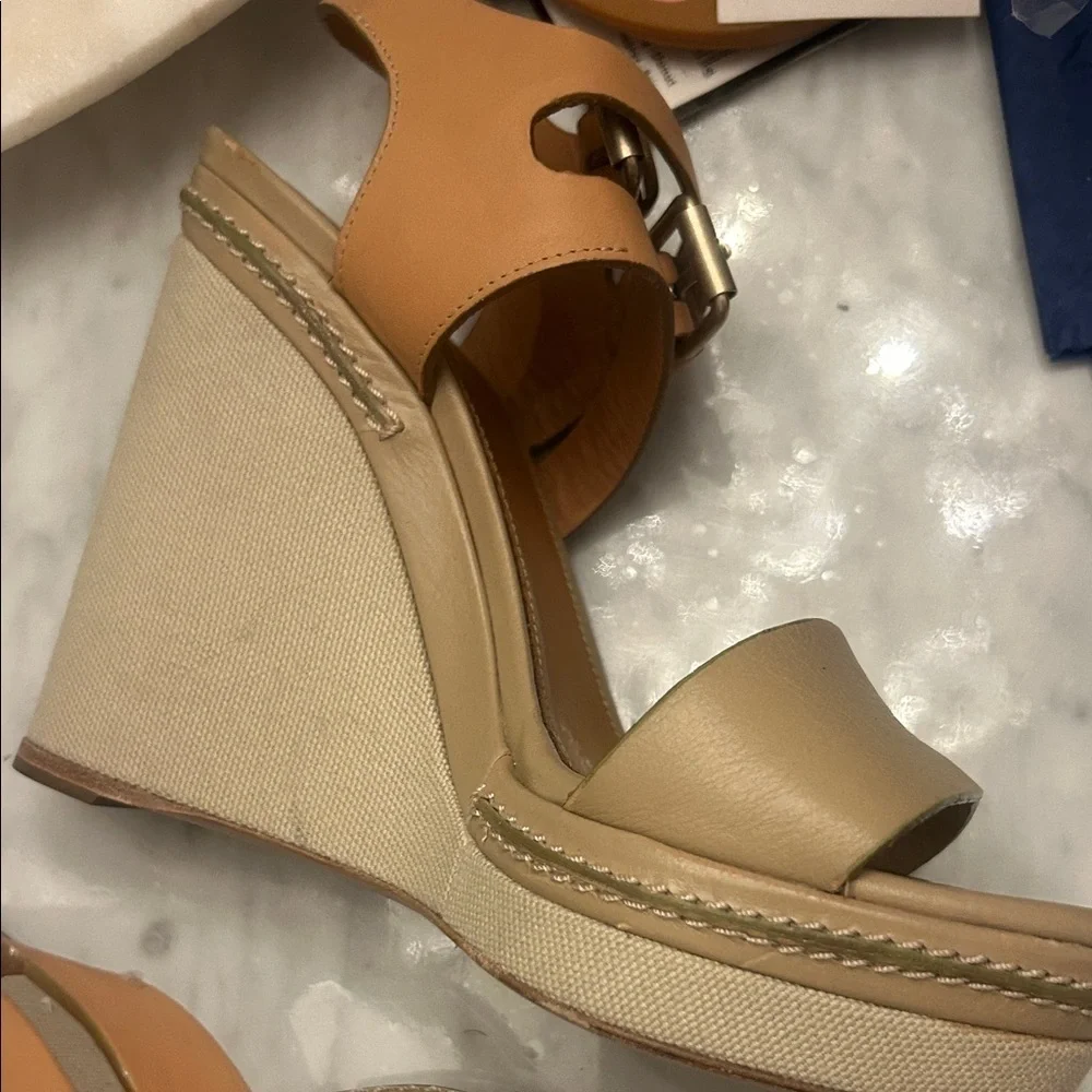 Chloe Leather Beige and Tan Wedge Sandals Sz 37 1/2